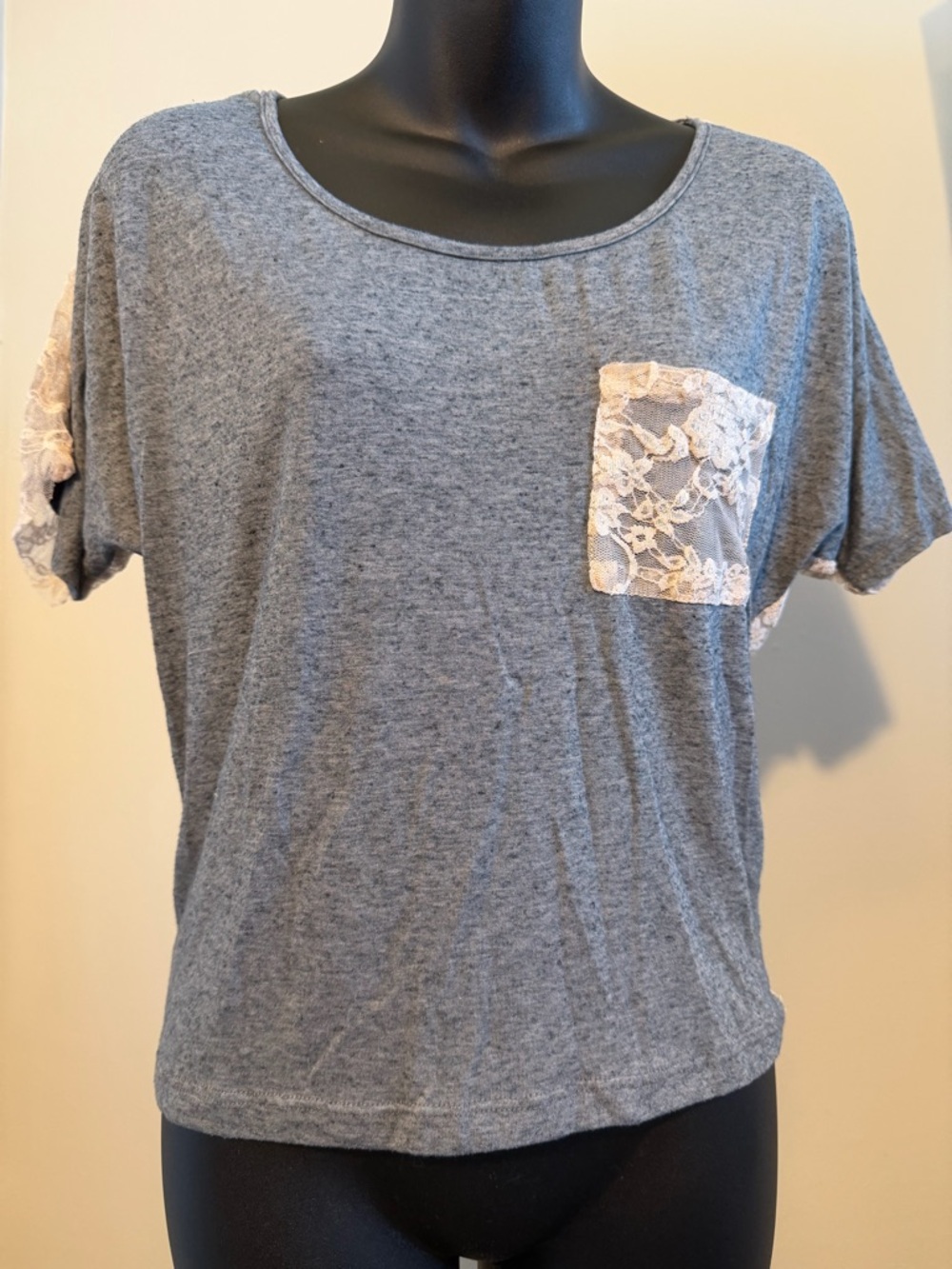 Delia’s Gray Short Sleeve Top with Full Cream Lace Back